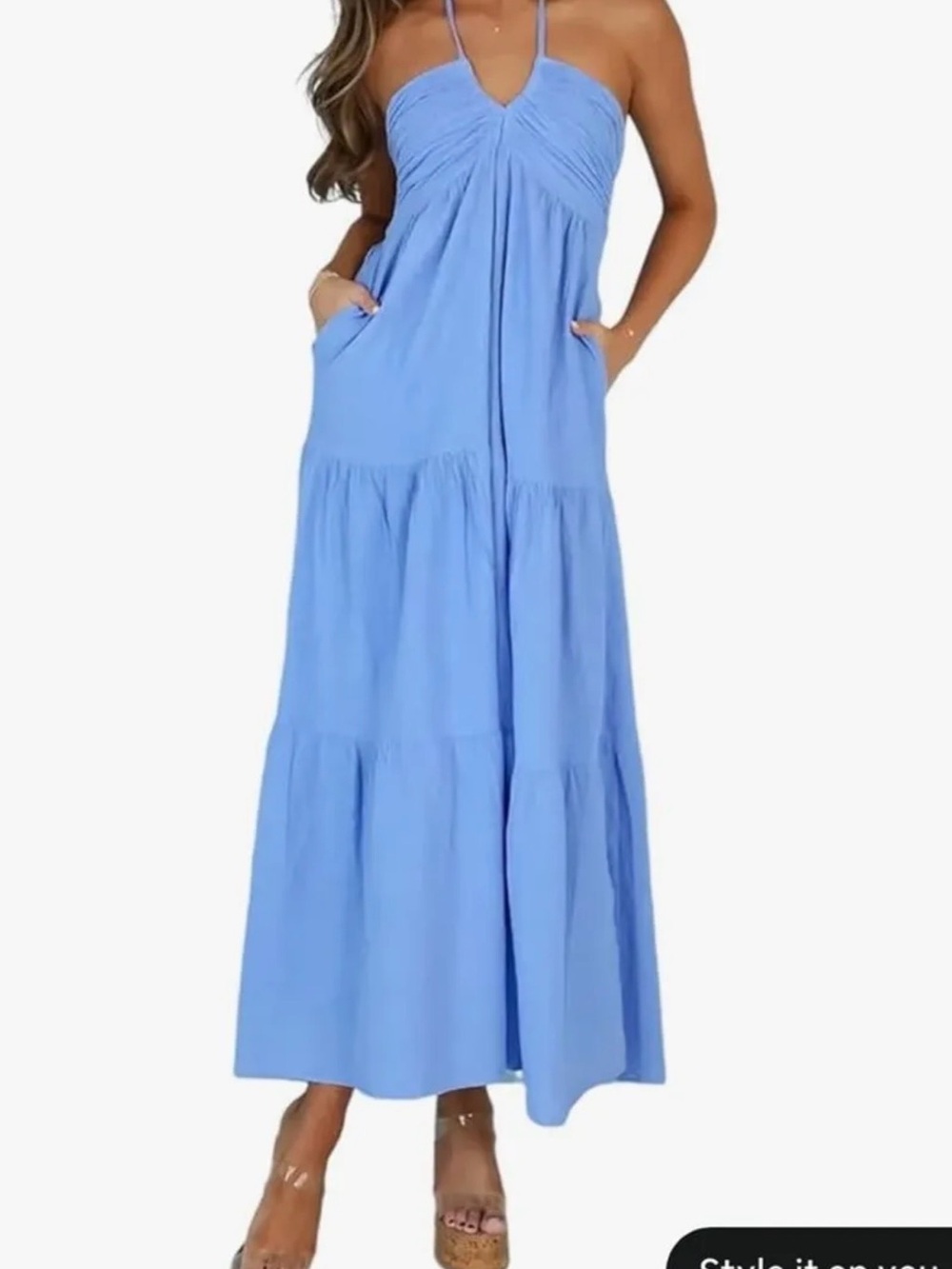 Amazon Light Blue Halter Maxi Dress with Pockets